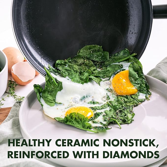 GreenPan Hudson Healthy Ceramic Nonstick 8 Piece Cookware Pots and Pans Set Vintage Wood Inspired Handle PFAS-Free Dishwasher Safe Black