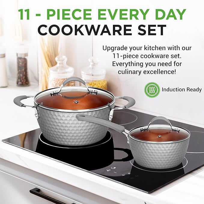NutriChef 11 Pc Nonstick Cookware - PTFE/PFOA/PFOS Free Kitchenware Pots &amp Pans Set with Saucepan Frying Pans Cooking Pots Lids Utensils Gray