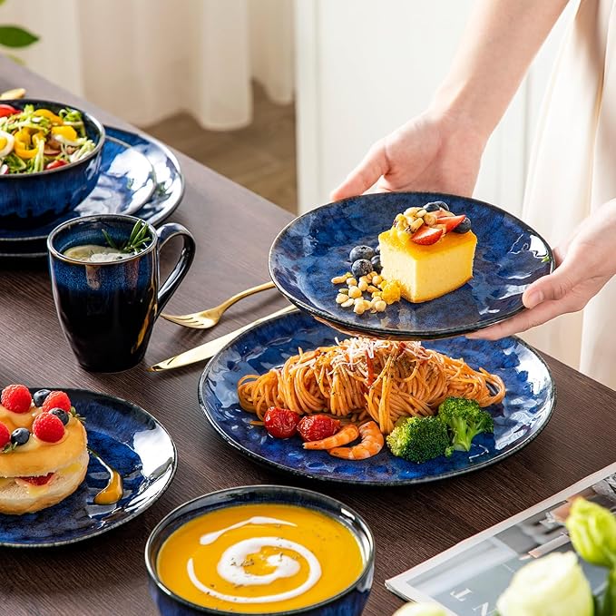 vancasso Starry 16 Pieces Dinnerware Set for 4 Reactive Glaze Blue Stoneware Plates and Bowls Set Dishes Set with Mugs for 4 Microwave &amp Dishwasher Safe