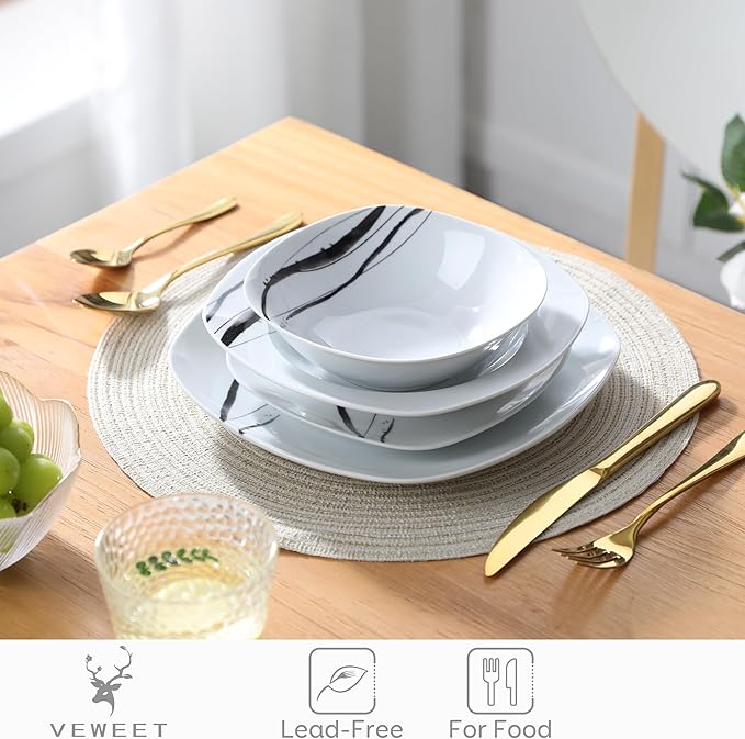 VEWEET Series Teresa 24-Piece Ivory White Porcelain Ceramic Dinnerware Set Ink and Line Patterns Square Kitchen Sets with Dinner Plate Soup Plate Dessert Plate Bowl Service for 6