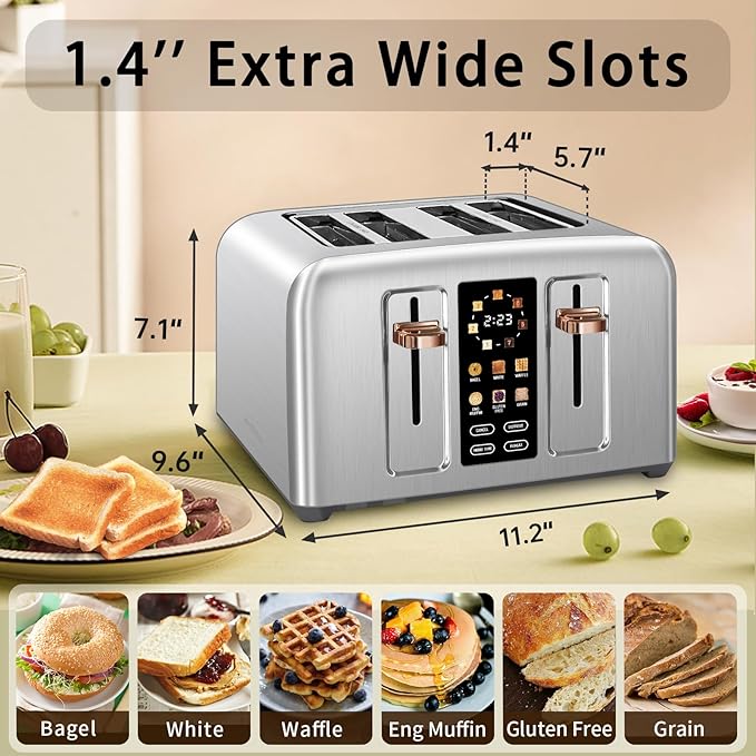 SEEDEEM Toaster 4 Slice Full Touch control Toaster LCD Display 6 Bread Type 7 Shade Settings 1.4''Wide SlotsMore Time Function Removable Crumb Tray 1800W Silver Metallic