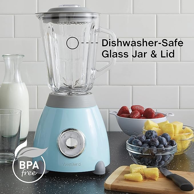 West Bend Blender Retro-Styled 3 Speeds with 48 oz Glass Blending Jar and Stainless Steel Blade 500-Watts Blue