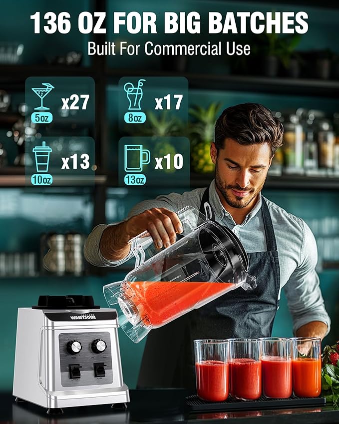 WantJoin 136oz Commercial Blender – Heavy Duty 18800 RPM Professional Blender with Pure Copper Motor Multi-Speed Dishwasher Safe for Smoothies &amp Juices