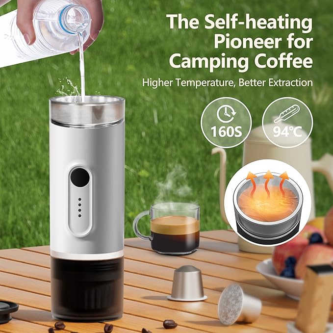 Portable Electric Espresso Machine Self-Heating Travel Coffee Maker with USB-C Compatible with Ground Coffee &amp NS Capsules Ideal for Camping Car RV Hiking &amp Office (White)
