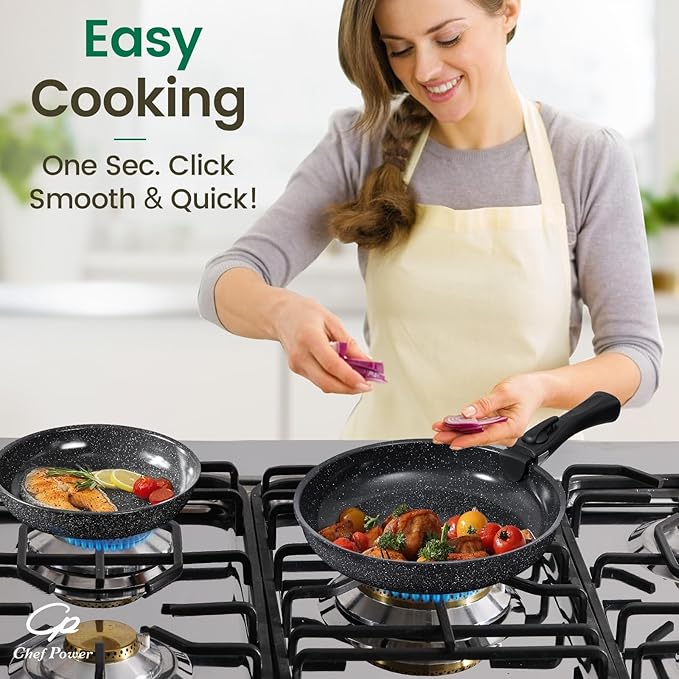 Chef Power Ceramic Nonstick Cookware Set 19 Piece with Detachable Handle Induction Dishwasher Oven Safe Pans and Pots Set RV Kitchen Set Removable Handle Rock Stone Black