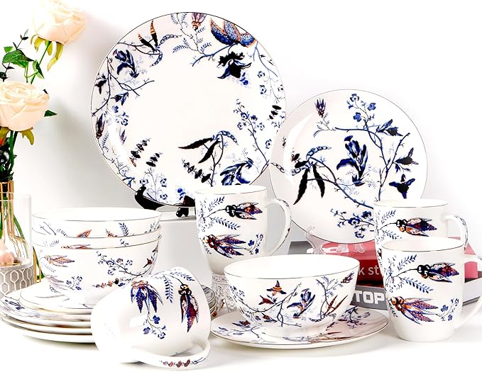 Bulgary Plates and Bowls Sets Dishes Set for 4 Ceramic Plates and Bowls Set Service for 4 Bone China Dinnerware Set Salad Dessert Plates and Cereal Bowls Set Microwave safe by KOKEN