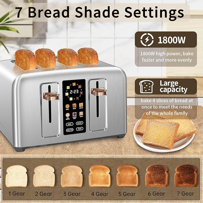 SEEDEEM Toaster 4 Slice Stainless Toaster &amp Touch Control LCD Display 6 Bread Type 7 Shade Settings 1.5'' Wide Slots Cancel/Defrost/Reheat Removable Crumb Tray 1800W Silver Metallic