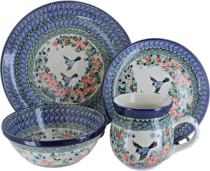 Blue Rose Polish Pottery - Blue Maria 4 PC Place Setting - Service for 1-1 Place Setting - Great for Everyday Dining Casual Dining or as Formal Dinnerware