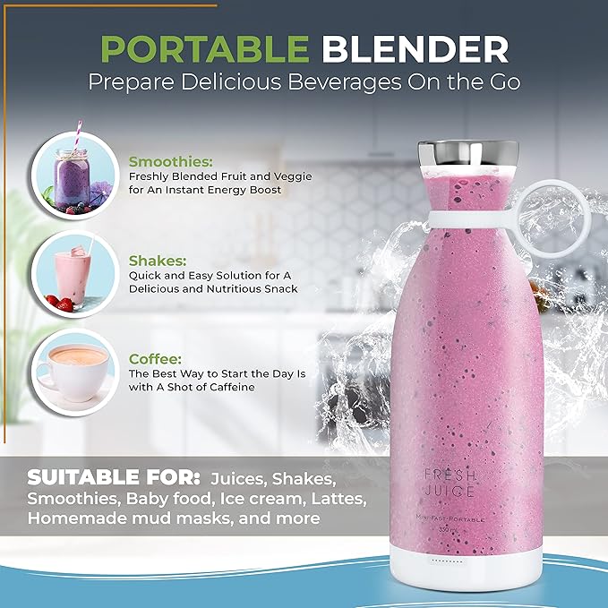 2Plus Portable Blender – 350ml Fresh Juice mini–Bottle Blender with BPA-Free – USB Rechargeable Personal Blender Cup for Smoothies Shakes Juices– Leakproof Handheld Blender for Travel Office Gym