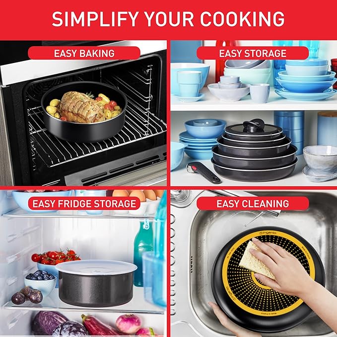 Tefal Ingenio Easy ON 3 Piece Non-Stick Pan Set 24&amp28 cm Frying Pans Bakelite Handle Easy Cleaning Heat Indicator All Hobs Compatible Except Induction Black L1599302