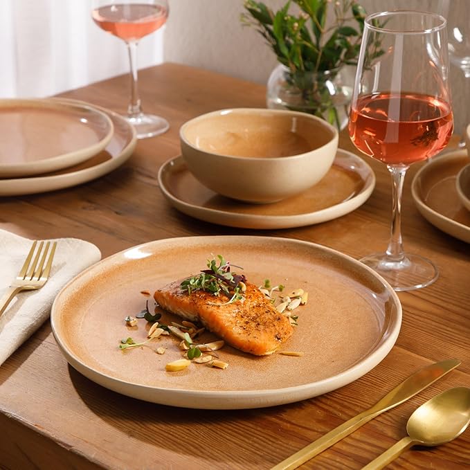 Gibson Elite Manila Bay 12-Piece Stoneware Dinnerware Set Service for 4 Reactive Glaze Modern Artisan Plates Bowls &amp Mugs Orange Round Design
