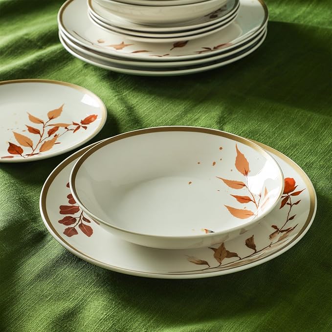 Stone Lain Maple 12-Piece Dinnerware Set Porcelain Plates and Bowls Set Dishwasher and Microwave Safe Dish Set for 4 White