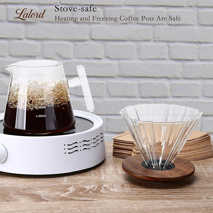 Pour Over Coffee Maker 20 oz Borosilicate Glass Set with 100 pcs Paper Filter Walnut Collar &amp Glass Lid Drip Coffee Maker 1-3 Cups Clear 600 ml Petal Shape