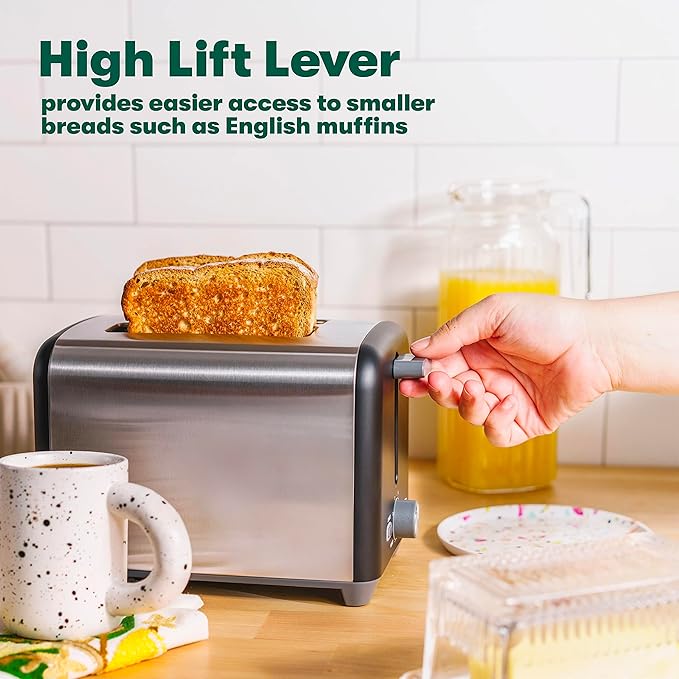 bella 2 Slice Toaster Quick &amp Even Results Every Time Wide Slots Fit Any Size Bread Like Bagels or Texas Toast Drop-Down Crumb Tray for Easy Clean Up Stainless Steel and Black