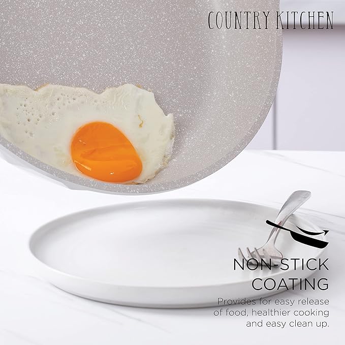 Country Kitchen Non-Stick Cast Aluminum Cookware Set - Durable Kitchen Cookware for Everyday Cooking Cream Diamond 11 Pc.