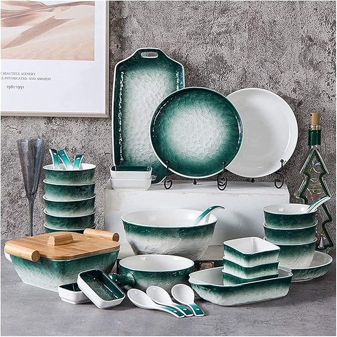 Dinnerware Set Dinner Party Tableware Service Set 51pcs of Nordic Bone China Dinner Bowl Set Porcelain Bowl and Plate White Green Stone Texture High-end Ceramic Bowl and