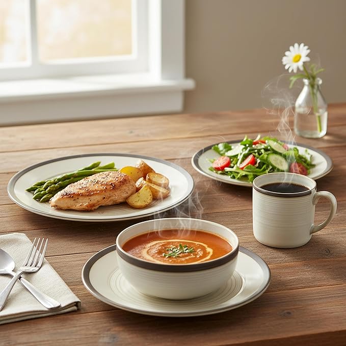 Mikasa Lara 16-Piece Dinnerware Set Contemporary Stoneware Plates Bowls &amp Mugs - Glossy Tableware for Everyday Dining Family Meals &amp Holiday Gatherings - Dishwasher Safe