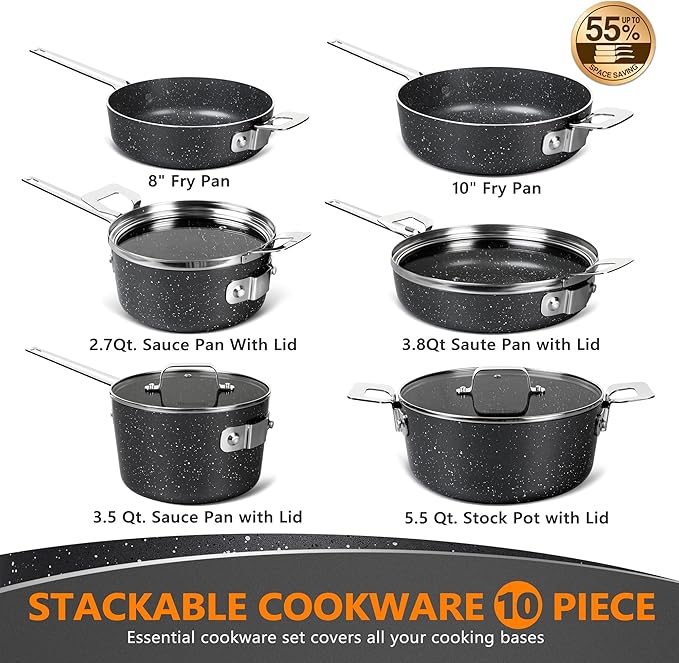 Stackable Pots and Pans 10 Piece Set - Nonstick Cookware With Space-Saving Design Non-Toxic Stone Coatings Saves 55% More Space - Black