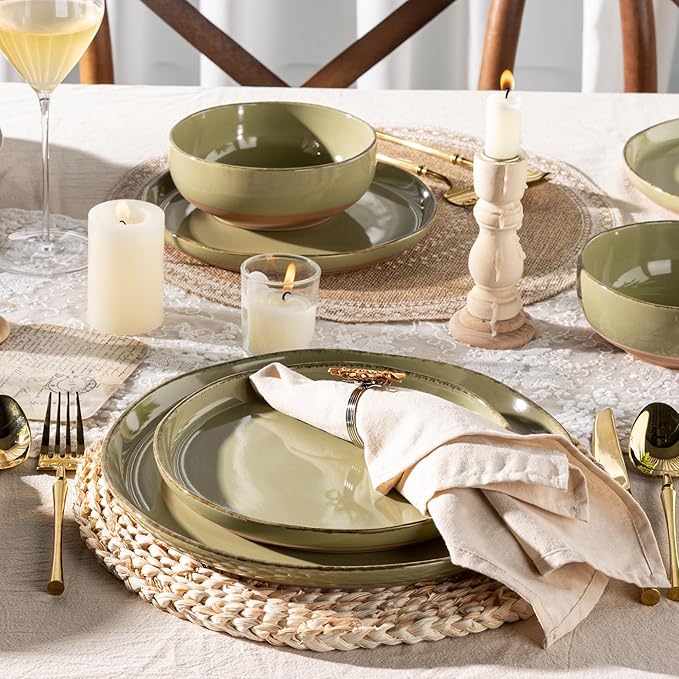 AmorArc Ceramic Dinnerware Sets for 4 12 Pieces Handpainted Plates and Bowls Set with Rustic Terracotta Underside Scratch Resistant Stoneware Dishes Set Dishwasher &amp Microwave Safe Olive Green