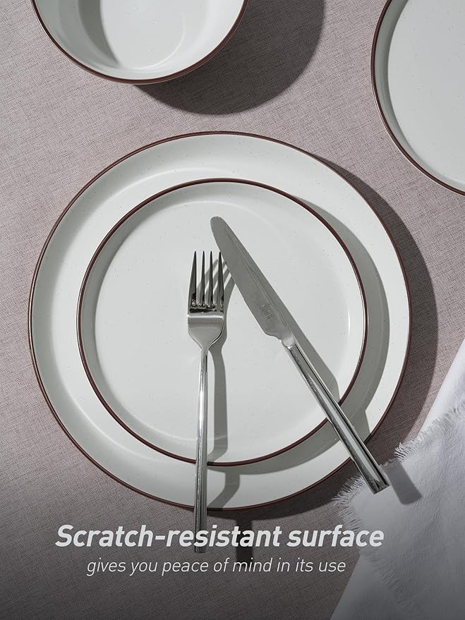 Famiware Saturn Dinnerware Sets Speckled Plates and Bowls Sets for 4 12 Pieces Stoneware Dish Set - Chip and Scratch Resistant Microwave and Dishwasher Safe Tableware Set White with Rim