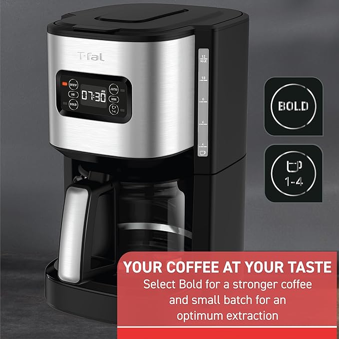 T-fal Element Plastic and Stainless Steel Drip Coffee Machine 12 Cup Programmable Reusable filter Pause and Brew Glass Carafe 1000 watts Coffer Maker Filter machine Cold Brew Black