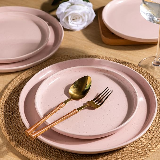 AmorArc Ceramic Dinnerware Sets for 4 12 Pieces Handpainted Plates and Bowls Set with Rustic Terracotta Underside Scratch Resistant Stoneware Dishes Set Dishwasher &amp Microwave Safe Cloud Pink