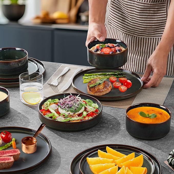 LIANYU Dinnerware Sets with Pasta Bowls 24 Piece Ribbed Dinnerware Plates and Bowls Set for 6 Elegant Modern Stoneware Dishes Set for Kitchen Dining Microwave and Dishwasher Safe Jungle Green