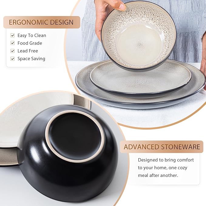 Plates and Bowls Sets for 4 - CJDC-QUELO 12-Piece Stoneware Dinnerware Sets Ceramic Dishware Set for Kitchen Use and Formal Dining Chip and Scratch Resistant Microwave Dishwasher Safe Brown