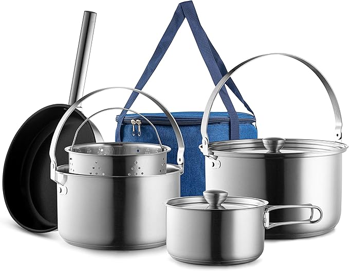 Camping Cookware Set 304 Stainless Steel 8-Piece Pots &amp Pans Open Fire Cooking Kit | Frying Pan Steamer with Travel Tote Bag | Compact For Outdoors &amp Indoors Kitchen Campfire Hiking RV