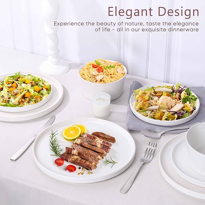 Herogo 24 Pieces Dinnerware Dishes Set for 8 Handmade Stoneware Dining Plates and Bowls Sets Double Reactive Glaze Microwave &amp Dishwasher Safe Scratch Resistant Pearl White