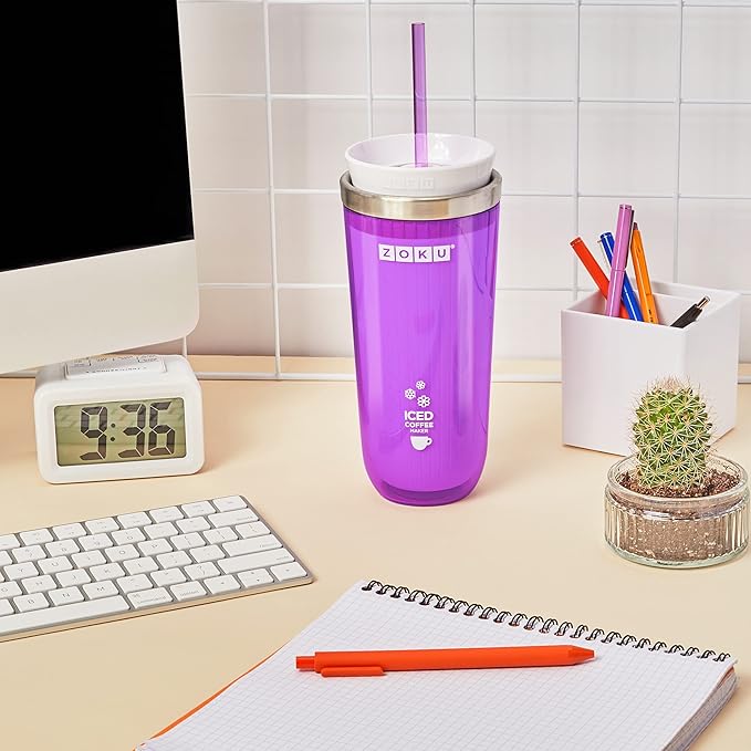 ZOKU Instant Iced Coffee Maker Reusable Beverage Chiller Cools Hot Beverages in Minutes Without Dilution Portable 11-ounce Tumbler With Spill-resistant Lid and Straw Purple