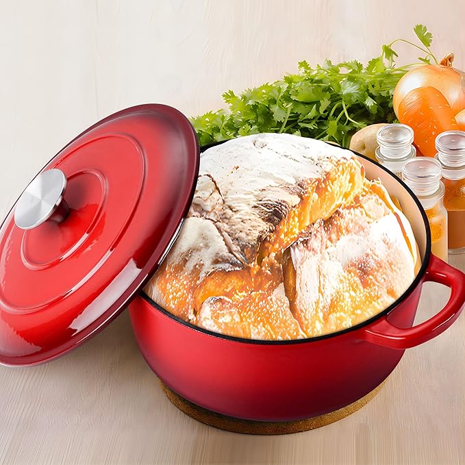 LIANYU Dinnerware Set for 4 3 QT Enameled Cast Iron Dutch Oven 12 Piece Plates and Bowls Sets Ceramic Dinner Salad Plates Cereal Bowls Nonstick Cookware for Bread Baking Oven Safe