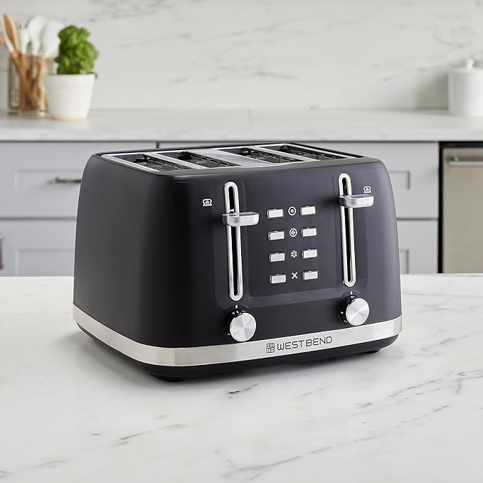 West Bend Toaster 4-Slice Extra-Wide and Deep Slots with 3 Functions and 7 Shade Settings Manual Toast Lift Lever Auto Shut-Off and Removable Crumb Tray 1500-Watts Black