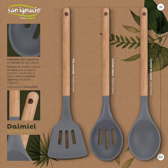 Set 3pc Frying Pan (20+24+28cm) Green Pressed Aluminum with Set 3pc Kitchen Utensils Silicone Wood with Set 4pc Stainless Steel Knives