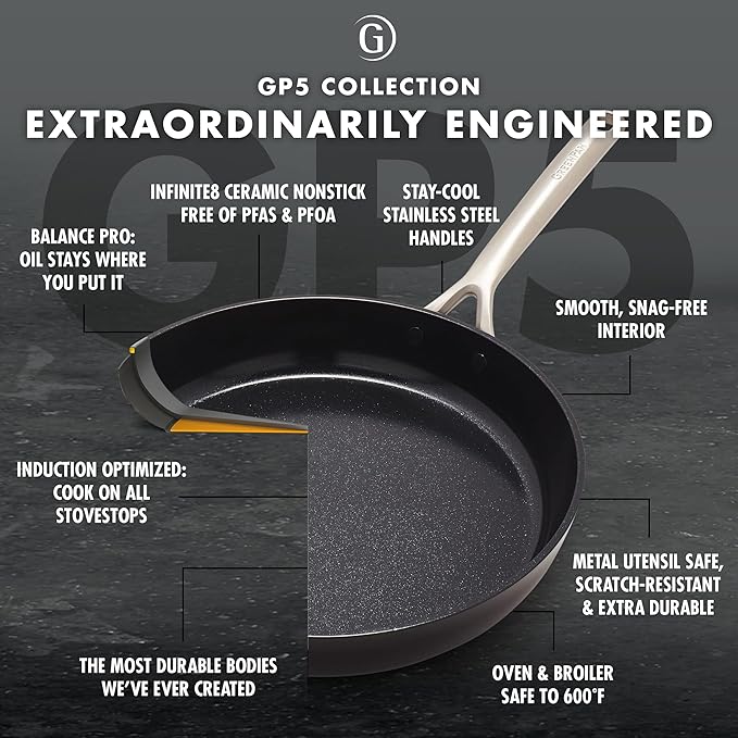 GreenPan GP5 Hard Anodized Healthy Ceramic Nonstick 10 Frying Pan Skillet Heavy Gauge Scratch Resistant Stay Flat Surface Induction Mirror Finish HandleOven Safe PFAS-Free Black
