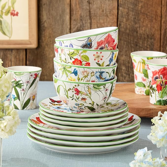 Greenhouse 16-Piece Dinnerware Set Service for 4 Botanical Patterns with Butterflies &amp Dragonflies Durable &amp Stylish Perfect for Brunches Family Dinners &amp Nature-Inspired Tablescapes
