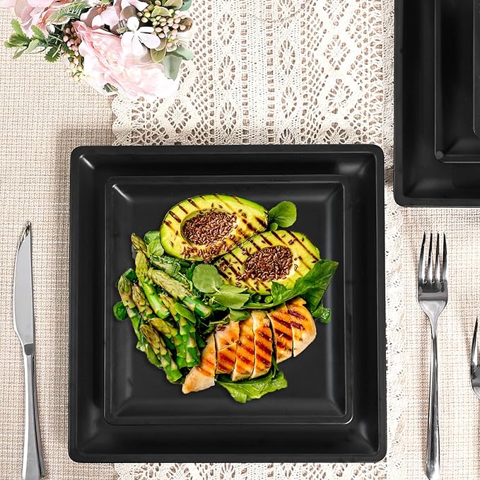 12 Piece Melamine Plates and Bowls Sets Square Dinner Set with Plates Dishes Bowls Black Square Dinnerware Sets -Serving Platers for 4 Dishwasher Safe