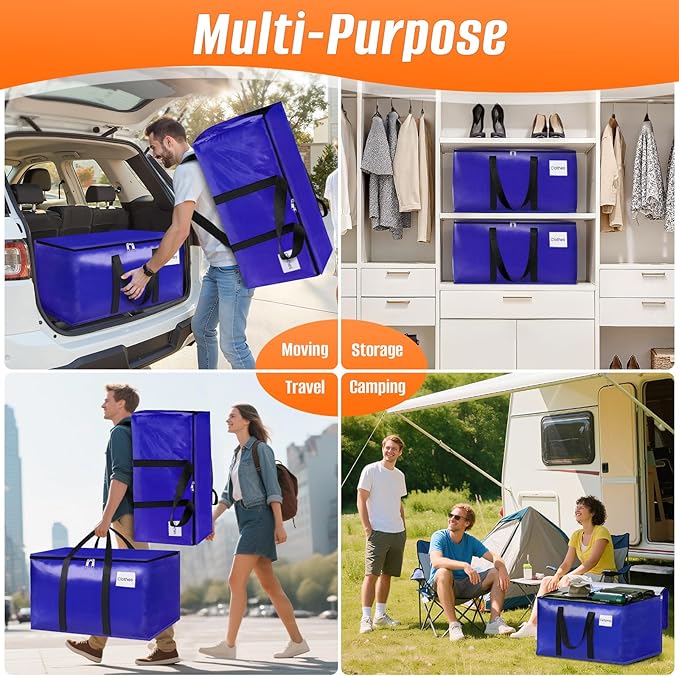 8-Pack Moving Bags with Backpack Straps &amp Carry Handles 25 Gallons-93 L Heavy Duty Storage Totes for Space Saving Foldable Storage Bags for College Dorm Travel Camping (Blue)