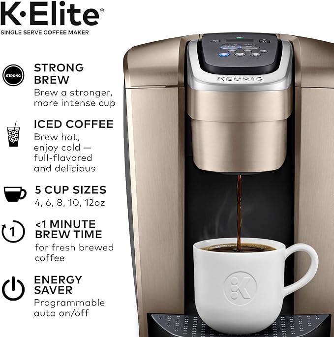Keurig K-Elite Coffee Maker Single Serve K-Cup Pod Coffee Brewer Brushed Gold &amp 3-Month Brewer Maintenance Kit Includes Descaling Solution Water Filter Cartridges &amp Rinse Pods 7 Count