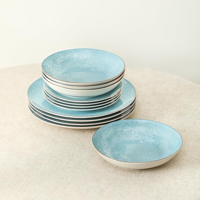 Christian Siriano Onyx 12-Piece Dinnerware Set Porcelain Plates and Bowls Set Hand Wash Dish Dish Set for 4 Blue and Gold