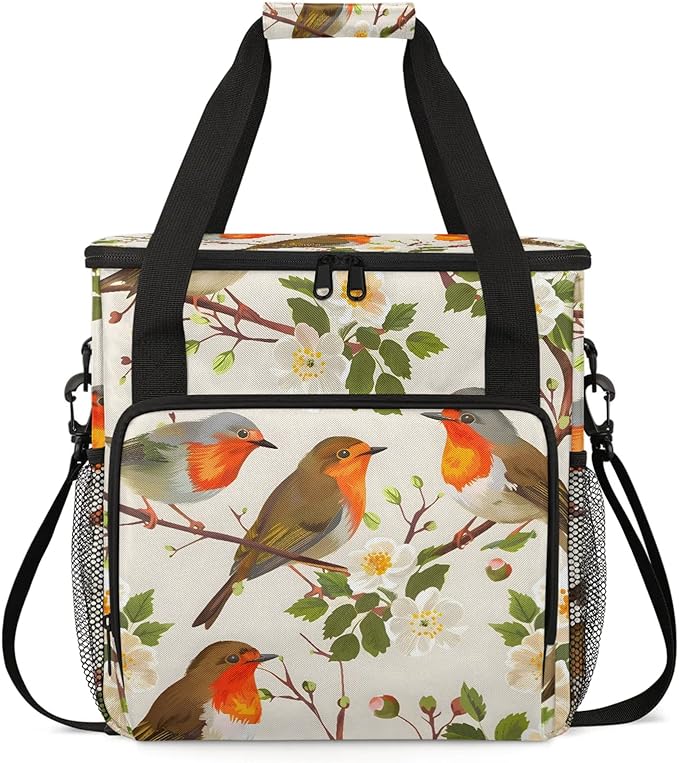 Floral Bird Coffee Maker Carring Bag Large Insulated Storage Organizer Case Tote Bags with Shoulder Strap for Travel Work Picnic