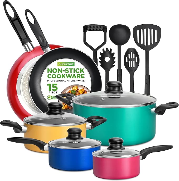 NutriChef 15-Piece Non Stick Kitchen Cookware Set PFOA/PFOS-Free Colorful Heat Resistant Lacquer w/Saucepot Frying Pans Oven Pot Lids 5 Utensil - NCCWCOR15