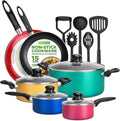 NutriChef 15-Piece Non Stick Kitchen Cookware Set PFOA/PFOS-Free Colorful Heat Resistant Lacquer w/Saucepot Frying Pans Oven Pot Lids 5 Utensil - NCCWCOR15