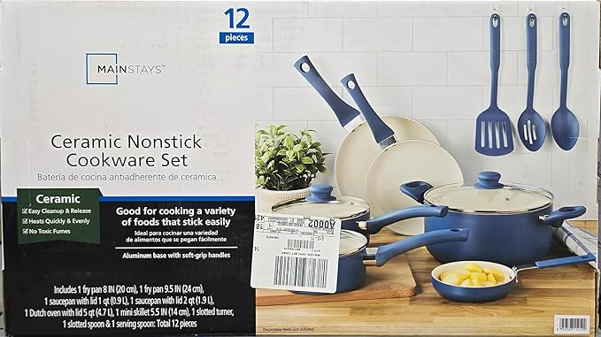 Mainstays Ceramic Nonstick Cookware Set Blue Aluminum Base Soft-Grip Handles 12 Pieces
