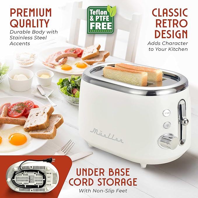 MUELLER HOME Retro Toaster 2 Slice 7 Browning Levels 3 Functions (Reheat Defrost Cancel) Stainless Steel Features Removable Crumb Tray Under Base Cord Storage White Toaster Kitchen Appliances