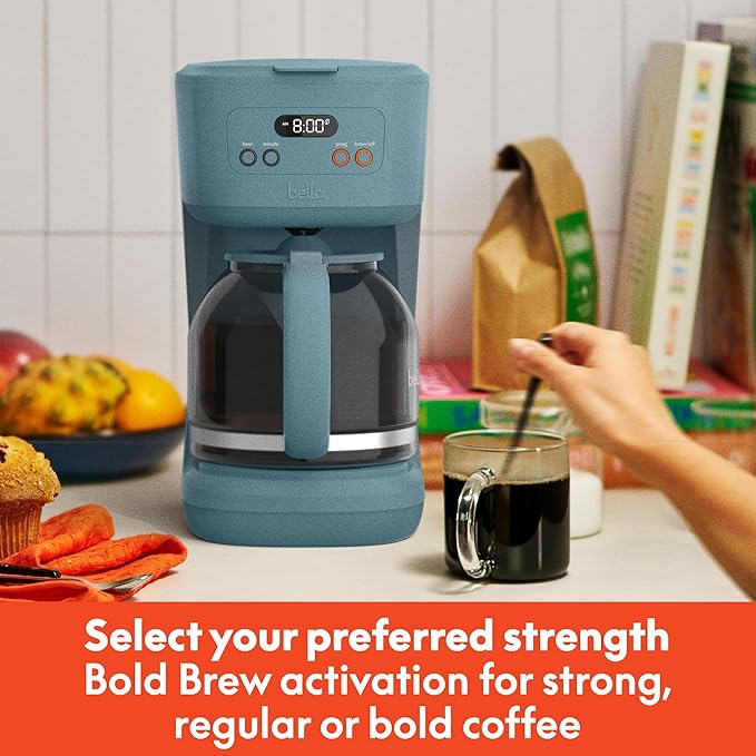 bella 12 Cup Programmable Coffee Marker Reusable Dishwasher Safe Accessories Easy LCD diaply Auto Shutoff 900 watt Surf