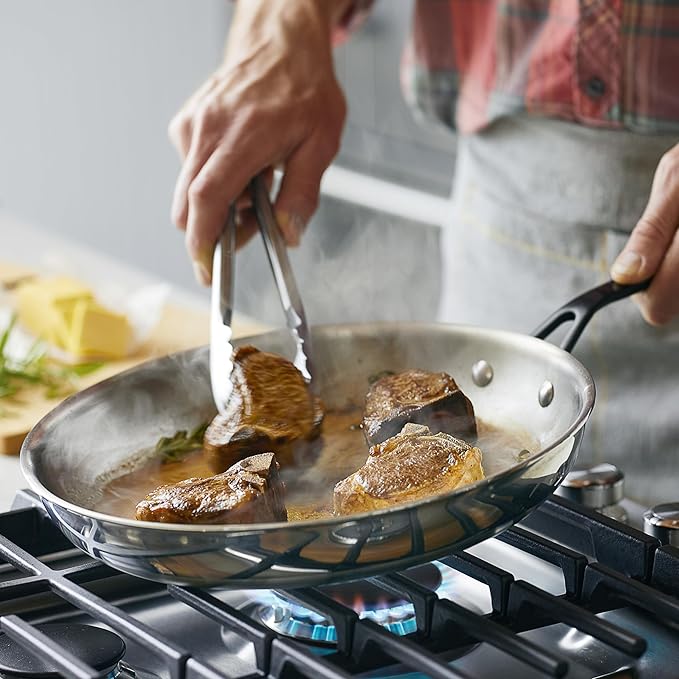 KitchenAid 5-Ply Clad Stainless Steel and Nonstick Induction Frying Pans/Skillet Set 8.25 Inch and 12.25 Inch - Polished Stainless Steel