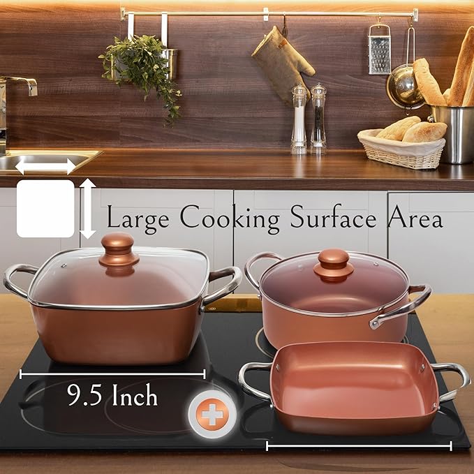 Moss &amp Stone 7 Pcs Copper Chef Cookware Non Stick Deep Frying Pan 9.5 x 3.5 Fry Basket Dishwasher &amp Oven Safe 5 Qt Deep Square Pot Non Stick Pan &amp Round Pot Induction Copper Cookwar
