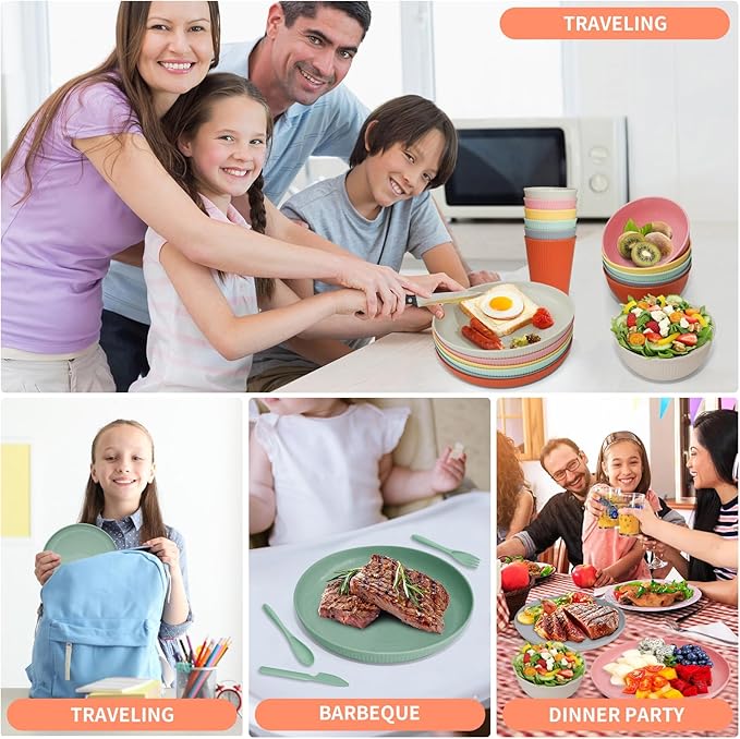 36 pcs Wheat Straw Dinnerware Sets DAPIPIK Unbreakable Reusable Dinnerware Set Lightweight Camping Plates Cups and Bowls Set. Dishwasher Microwave Safe Dinnerware