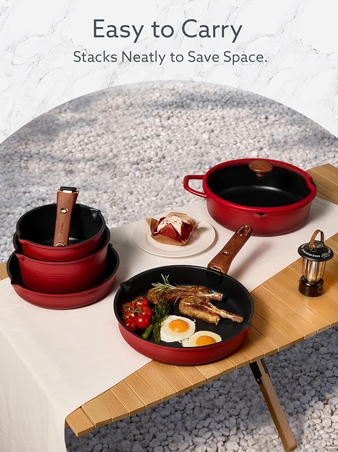 CAROTE 20Pcs Titanium Cookware Set Pots and Pans Set Non Stick Kitchen Cooking Set with Detachable Handle Non Toxic Induction Cookware - Camping Cookware Dishwasher/Oven Safe Red